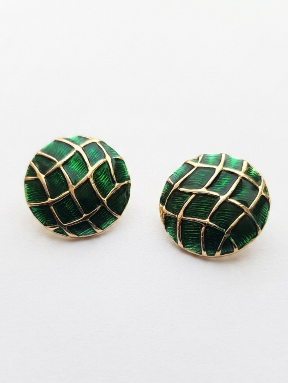 Green Enamel Dome Stud Earrings - Elegant Gold-Trim Accent Lightweight EUC